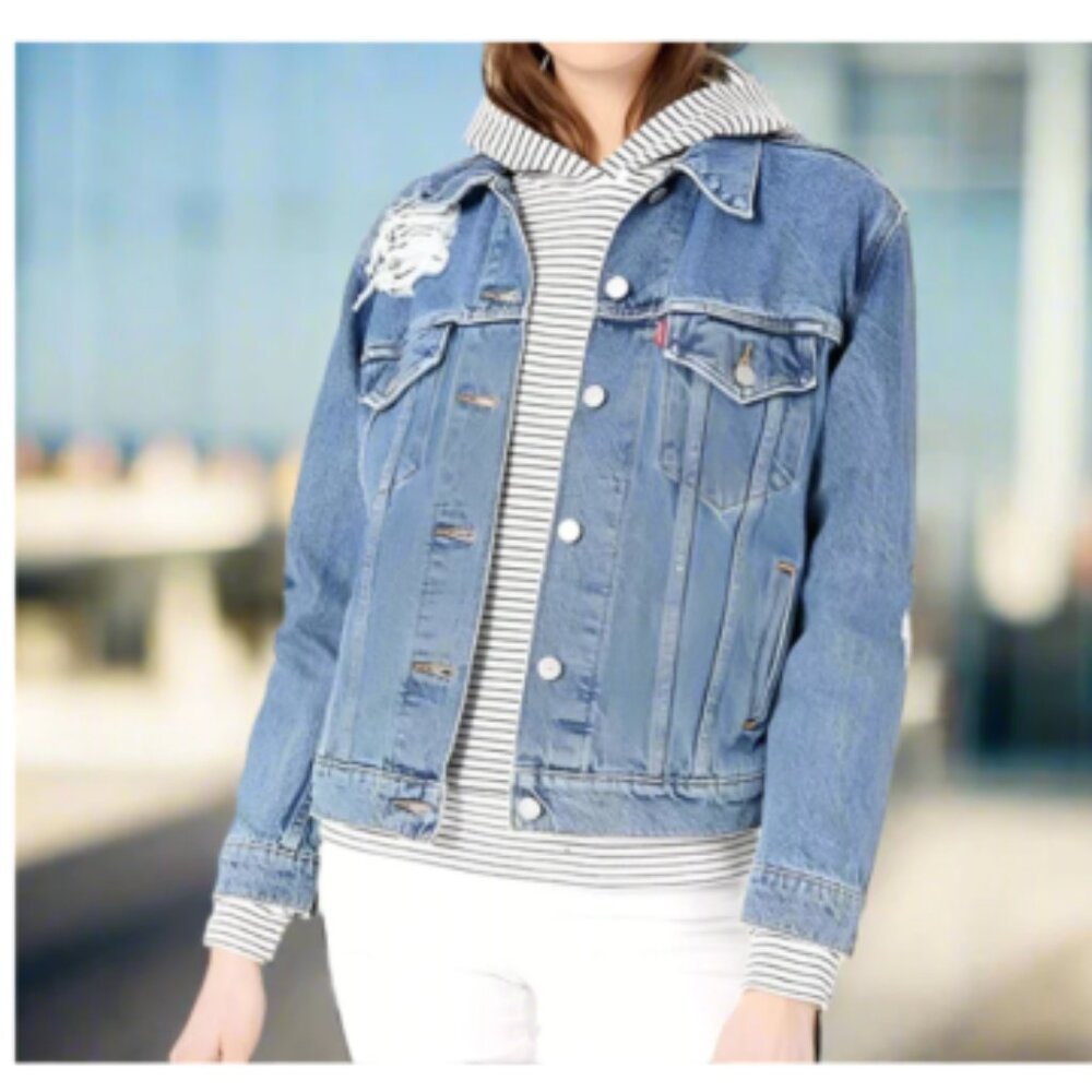 Levi's Strauss Denim Jacket Women's Distressed Trucker Jean Casual Size L Blue